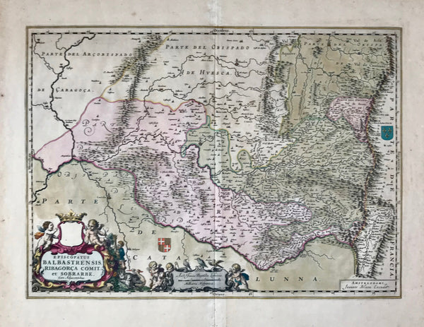 "Episcopatus Balbastrensis Ribagorca Comit. et Sobrarbe"  Copper engraving by Joannes Bleau and Joanne Baptista Labanna.  Published 1664. Original hand coloring. The crown has gold highlighting in the decorative catouche.  Map shows northern Spain around Huesca. In the lower right is the Valle de Aran.