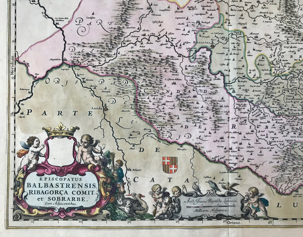 "Episcopatus Balbastrensis Ribagorca Comit. et Sobrarbe"  Copper engraving by Joannes Bleau and Joanne Baptista Labanna.  Published 1664. Original hand coloring. The crown has gold highlighting in the decorative catouche.  Map shows northern Spain around Huesca. In the lower right is the Valle de Aran.