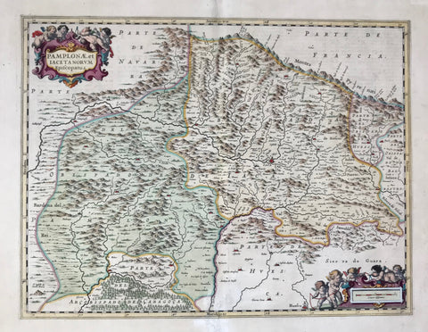 "Pamplonae et Iacetanorum Episcopatus"  Copper engraving map of the area of Jaca which is in the center of this map.  By J. Janssonius ca 1670. On the reverse side is text in Spanish about Jaca and the region which is in the episcopate of Pamplona.  To the left of the lower cartouche is Huesca. Part of the episcopate of Zaragoza (Caragoca) is in the lower left part of the map.