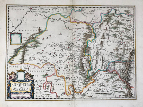 "Episcopatus Oscensis vulgo Huesca" Copper etching by I. Baptista Labanna for Jan Jansson (1588-1664). Published ca 1630. Modern hand coloring.  This east oriented (east is at the top) map has Huesca in the center. In the upper left is Fuentes on the Río Ebro and in the upper rightis the Val de Anso. Clearly visible in the lower right are part of the Pyrenees. Near the title cartouche in the lower left is the Río Cinca.