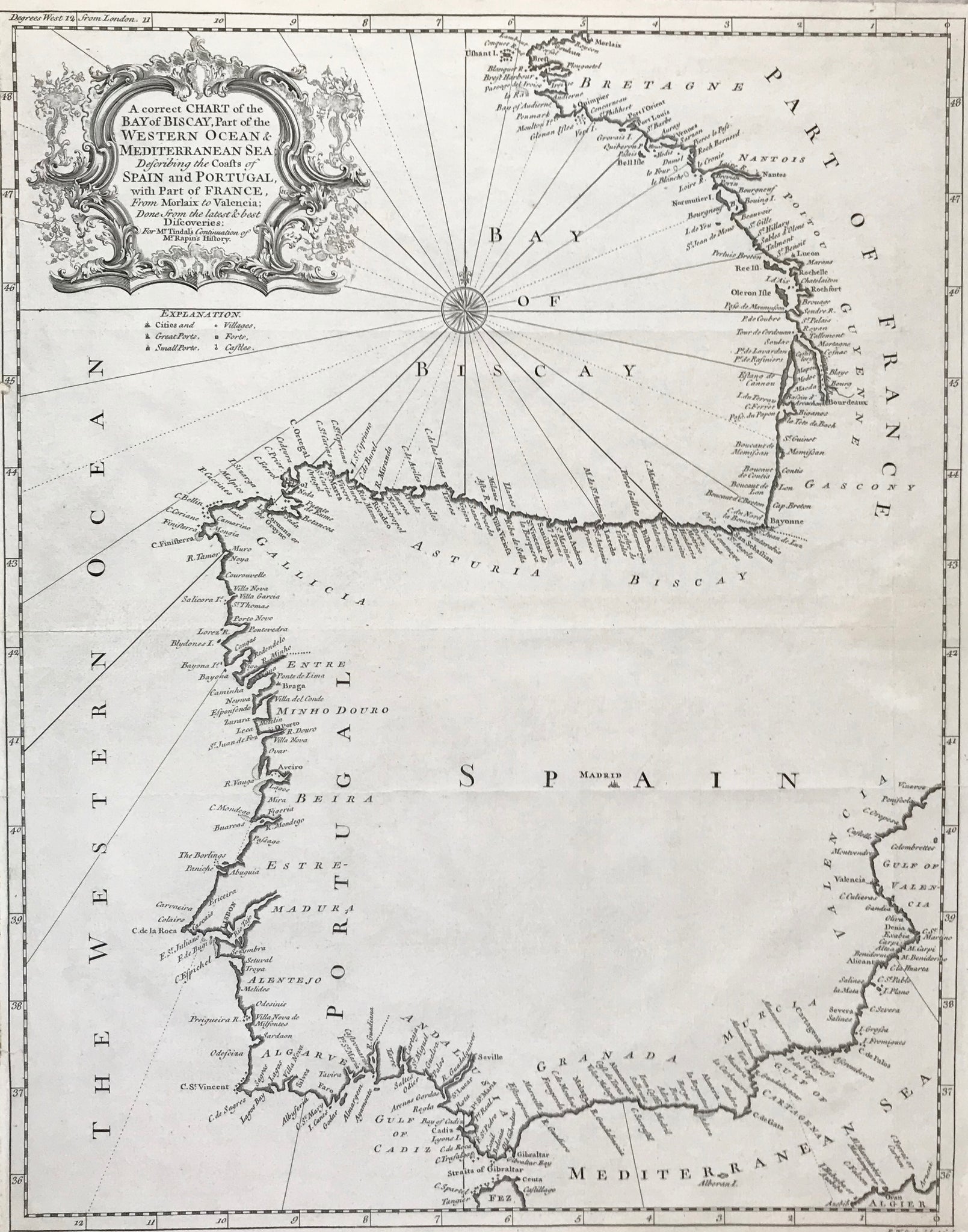 "A correct Chart of the Bay of Biscay, Part of the Western Ocean and Mediterranean Sea describing the Coasts of Spain and Portugal with Part of France from Morlaix to Valencia Done from the latest and best Discoveries"  Portolan map of the Iberian Peninsula (and Western France including the Bretagne)  Type of print: Copperplate etching  Engraver and artist: Richard William Seale (1703-1762)  Published in: "Tindal's Continuation of Rapin's History"  London, ca. 1745