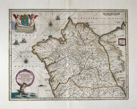 "Gallaecia Regnum". (Spanish Galicia.) Copper etching by F. fer. Ojea. Published by Blaeu. Amsterdam 1647. Outstanding original hand coloring!  Attractive, decorative map of the northwest corner of the Iberian Peninsula. Two cherubs hold royal Galician coat of arms with a monstance containing the holy of holies, the body of Christ our Lord. Neptune stepping from the Atlantic holding the maop's title cartouche.  Lively sailship staffage. Reverse side is printed ( in Latin ). Text related to Galicia.
