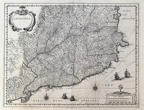 "Catalonia"  Very detailed copper etching map of Catalunya (Catalonia) circa 1640 by Willem (Guillelmus) Blaeu in Amsterdam.  Latin text on the reverse side about northeastern Spain. This map is of great interest because so many towns and topographical details are shown with old names.