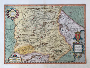 "Castiliae Veteris et Novae Descriptio". Copper etching by J. Hondius dated 1606. Published 1636 in the English additon of the atlas. Contemporary hand coloring.  The "New" and "Old" Castilla are the theme of this map. In the center of the map are Avila and Toledo. On the left side is part of Portugal. In the upper right is part of the Ebro River. In the lower right is Murcia and the guadalatin River. At the bottom center of the map is Cordoba. On the backside is text (Old Middle English) about Castilla.