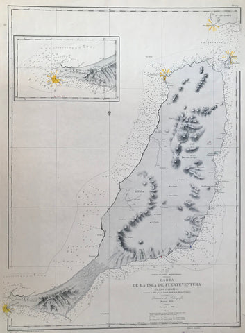 Lithograph by J. Nogruera after the drawing by F. Bregante. Originally issued in 1851. (The actual drawing was made in 1835). Map was re-issued in 1897 and in 1911.This copy printed and published in Madrid, 1911  A very detailed, large map of Fuerteventura. With an inset of Point Jandia with its lighthouse.  Basically printed in black and white. Only the lighthouses of Punta Pechiguera