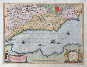 Spain, Espagña, "Granata et Murcia Regna"  Hand-colored copper etching. Published by Willem Janszoon Blaeu First published in Amsterdam, 1642  This map was probably published in a book (and definately not in Blaeu's atlas)  While appearance and measurements are exact, It differs from the original Blaeu map on several counts: Paper is clearly ca. 1720. 