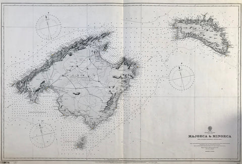 "Balearic Islands Majorca & Minorca". Mallorca and Menorca. From Spanish Government Surveys, 1890-95. Published in London, 1897 and corrected in parts in 1901.  Lithographed map by Edward Weller, publisher, lithographer, cartographer.  A very large detailed map of these two Balearic islands (includes Cabrera). Mapped is also the telegraph cable between the two big islands and the depths of the Mediterranean around them.