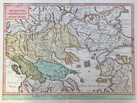 "Graeciae Pars Septentrionalis". Copper etching by Guillemo Delisle. Very attractive modern hand coloring over original borderline coloring. Puiblished by Laurie & Whittle. London, 1794.  This very attractive map centers in detail on Northern Greece, Albania, Macedonia, Northern Turkey, Romania, Bulgaria, reaching over to "Constantinople" and the Black Sea. Since all topographical names are historical names this has to be considered a historical map. There is a mileage chart in upper left corner.