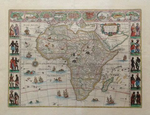 "Africa nova descriptio Auc. Guiljelmo  Blaeuw"  Delicately hand-colored copper etching  By Willem Blaeu (1571-1638)  Published by Johan Blaeu  Amsterdam, 1647  Highly decorative map of Africa.  Beautiful border decoration. Top from left to right city views in the shape of medallons: Tanger, Ceuta, Algiers, Tunis, Alexandria, Alcair (Kairo), Mozambique, S.Georgius de la MIna (Elmina, Ghana, formerly Gold Coast), Canaria.