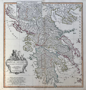 "Graeciae Antiquae Specimen Geographicum" Copper engraving by D'Anville published 1794 in London. Original outline coloring.  This detailed Greek shows the historical regions with the surrounding islands. In the lower right corner are the islands of Melos, Ananes and Cimolus. In the upper right is part of Macedonia. In the upper left is a special inset showing details of Macedonia and the surrounding area.