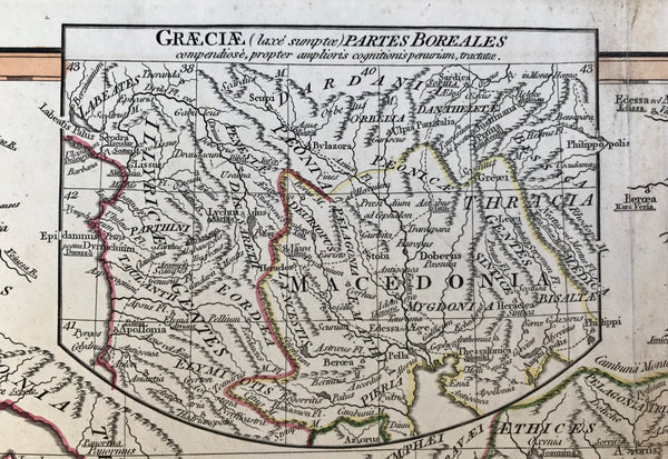 "Graeciae Antiquae Specimen Geographicum" Copper engraving by D'Anville published 1794 in London. Original outline coloring.  This detailed Greek shows the historical regions with the surrounding islands. In the lower right corner are the islands of Melos, Ananes and Cimolus. In the upper right is part of Macedonia. In the upper left is a special inset showing details of Macedonia and the surrounding area.