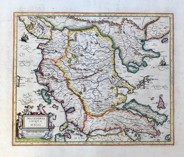 "Macedonia Epirus et Achaia"  Northern and Central Greece, Albania, Macedonia,  Type of print: Copper etching  Publisher:Georg Mercator  Color: Very fine hand coloring.  Published: Amsterdam, ca. 1630  On the reverse side is detailed text in Old English about the area shown n the map.