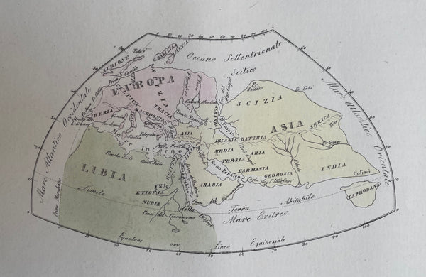 "Geografis sistematica d'Erastostene" The World by Erasthostenes (ca. 275 B.C. - 194 B.C.) Erasthostenes' view on the "WORLD" comprised Europe (including Great Britain), North Africa, Arabia, the Near East and Middle East, Central Asia, India and TAPROBANA! (Sri Lanka) For a 30% discount enter MAPS30 at chekout Lithograph with original hand coloring Published in "Atlante di Geografie Universale" (Atlas of Universal Geography) By Francesco Constantino Marmocchi