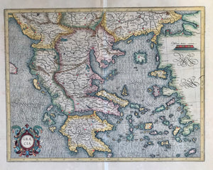 "Graecia". Copper etching in modern coloring. From the atlas by Gerard Mercator. Duisburg, 1602.  Beautiful early rendering of Greece, the Aegean Sea, and the east coast of Turkey. The map reaches out north to Albania, Macedonia and the Dardanelles. As always with Mercator, the sea is ondulated by engraved lines.