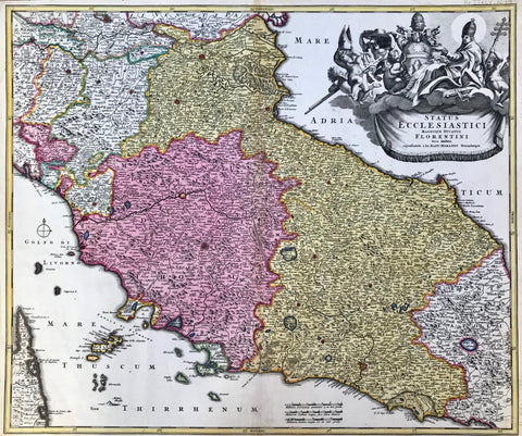 "Status Ecclesiastici Magnique Ducatus Florentini". Copper etching by Johann Baptist Homann (1663-1724). Published ca 1720. Original hand coloring. Florence is highlighted with gold.  A very detailed map that shows even the small towns, monasteries and topograpical points of interest. This map shows church state of Florence at the time. The west coast stretches from la Spezia to the Gulf of Gaeta. On the Adriatic side the coast is shown from the Po Delta to the Porto di Ascoli. 