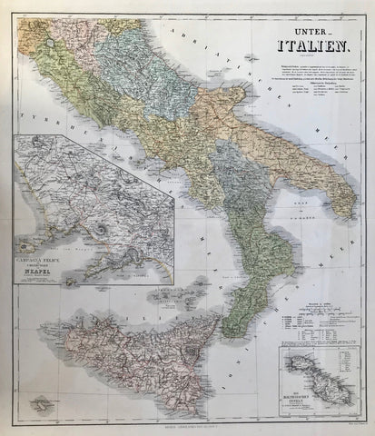"Unter-Italien" Southern Italy.  Copper etching by G. Haubold after a drawing by Heinrich Kiepert (1818-1899). Published in Geographisches Institut Weimar, 1856. Original hand coloring  Detailed map of southern Italy including Sicily and a rather large size rendering of the island of Pantellaria. Inset maps of the Golf of Naples and its hinterland and of Malta / Gozo.