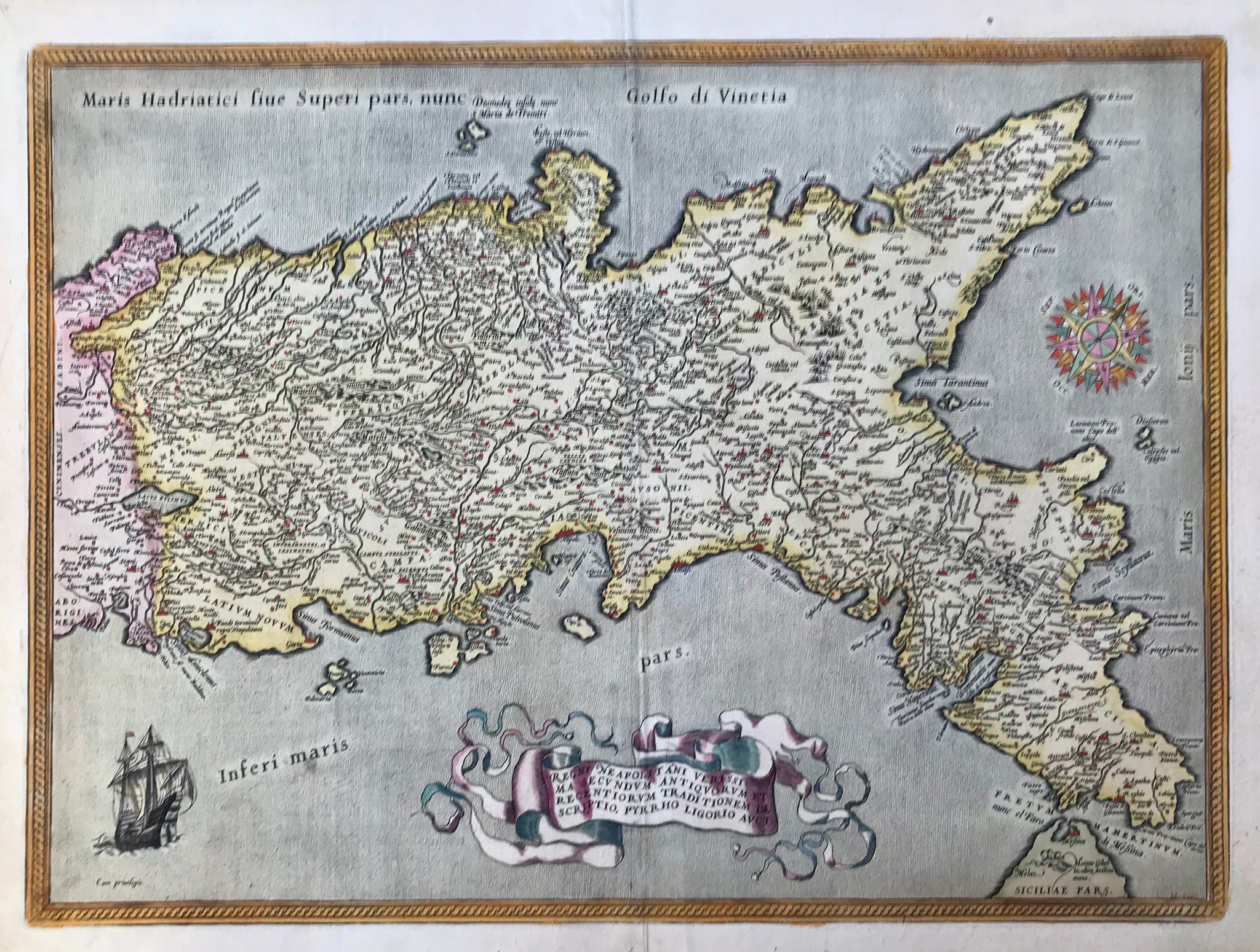 "Regni Neapolitani Verissima Secundum Antiquorum et Recentiorum Traditionem Descriptio". Copper etching by Pyrrho Ligorio. Published by Abraham Ortelius in his famous atlas ãTheatrum Orbis Terrarum". Antwerp, 1587. Original hand coloring. Verso: Text in Latin.  This east-oriented map shows southern Italy = The Kingdom of Naples including the eastern tip of Sicily with Messina.