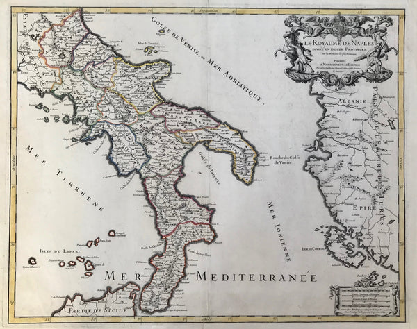 "Le Royaume de Naples Divise en Douze Provinces sur les Memoires les Plus Nouueaux" "Presente a Monseigneur Le Dauphin"  Copper engraving by H. Jaillot ( 1632-1712) Published ca 1695 in Paris. Outline hand coloring.  This attractive map shows the Kingdom of Naples in fine detail. The map extends as far north as Ascoli Piceno. On the right is part of Albania which was then part of the Turkish Empire. The island of Corfu is above the mileage chart.