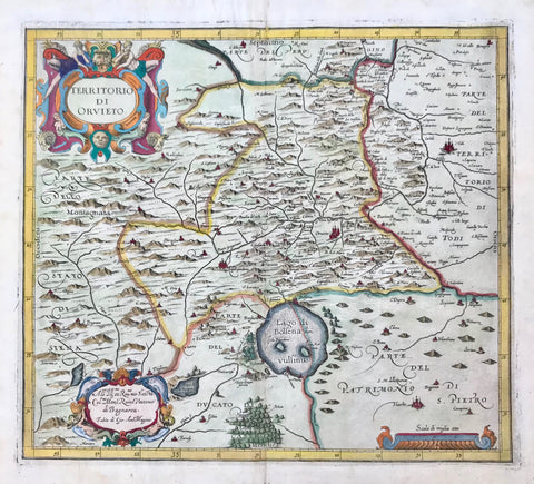 "Territorio di Orvieto". Copper etching in attractive hand coloring from the "Atlas of Italy" by Giovanni Antonio Magini (1555-1617). Bologna, 1598.  One of the very enticing maps of this important Italian cartographer of the 16th century. We have to realize that we are looking at a very well preserved map 400 years of age! It shows, in an almost square format, the Lago di Bolsena and the famous region of Orvieto, the region i.e. home to one of Italy's excellent wines.