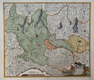 Copper engraving by Johann Bapt. Homann, dated 1702. Modern hand coloring.  Milan is in the upper center of this northern Italian map. In the upper left is Salurn and St. Michael on the Adige River. In the upper left is Brig and Arnen in Switzerland. In the lower left is Mondovi. Modena and Torricella are in the lower right. Decorative cartouche in the lower right with a view of Cremona on the left and on the right is a historical figure holding a plan of Mantua.