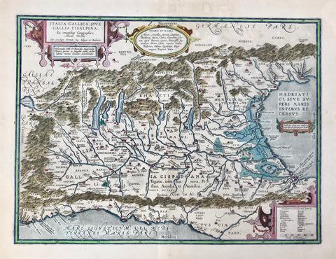 "Italia Gallica, sive Gallia Cisalpina" Copper etching from the atlas "Theatrum Orbis Terrarum" by Abraham Ortelius. Antwerp, 1595. Hand coloring, probably in the 20th century. Reverse text: Latin.  This is a historic not a geographical map. It was added to the original atlas as the IV additamentum. The historical maps were all engraved by Abraham Ortelius himself and added to the atlas in five stages under the subtitle "Parergon, sive veteris geographiae aliquot tabulae".