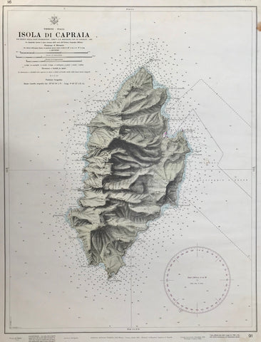"Isola di Capraia"  Originally a lithography printed in color in the year 1883, this is an offset reprint from the year 1973. Although young, we found it interesting enough, because of its enormous size, its tremendous detail and detailed off shore depth-measures of the sea surrounding the island.  Published by the Hydrographic Institute of the Navy in Genova