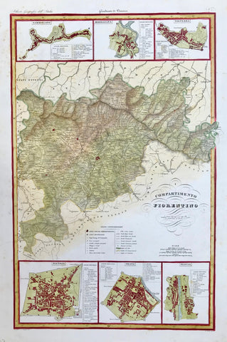 "Compartimento Fiorentino". Copper etching by V. Stanghi after G. Pozzi for the "Atlante Geographico dell'Italia", ca 1820. Origininal hand coloring.  In the center of the map is Florence surrounded by part of Tuscany. In the upper left of the map is the Lima River and Cutiigliano. In the lower left of the map is the Cecina River and Monte Catini and Guardistallo. Located on the piece going over the outline in the east are Sarsina, Sorbano, Apozzo and Montecoronaro.