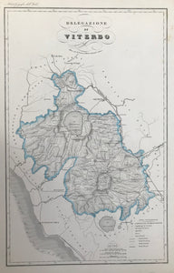 "Deleganzione di Viterbo" Copper etching by Francesco Vallardi. Published in "Atlante Geografico dell'Italia" Milano, ca. 1850. Original outline coloring.  Viterbo is located in the ceenter of this topographical map. Major roads of the time are shown.