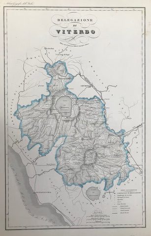 "Deleganzione di Viterbo" Copper etching by Francesco Vallardi. Published in "Atlante Geografico dell'Italia" Milano, ca. 1850. Original outline coloring.  Viterbo is located in the ceenter of this topographical map. Major roads of the time are shown.