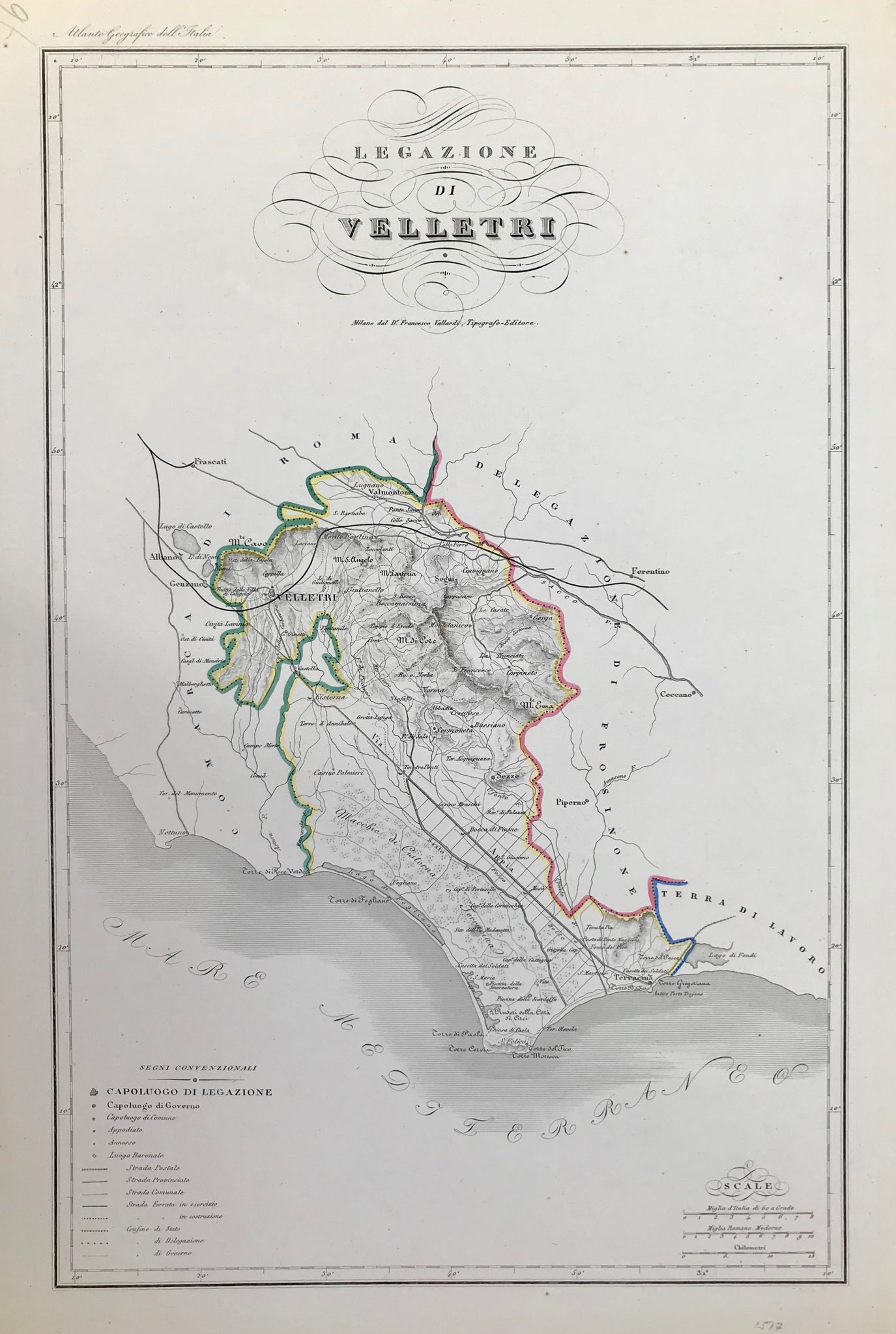 "Legazione di Velletri" Copper etching by Francesco Vallardi. Published in "Atlante Geografico dell'Italia" Milano, ca. 1850. Original outline coloring.  This detailed map shows the Via Appia and other major roads. The map extends as far south as Terracina an Lago di Fondi. In the lower left is a key to the various roads and borders.