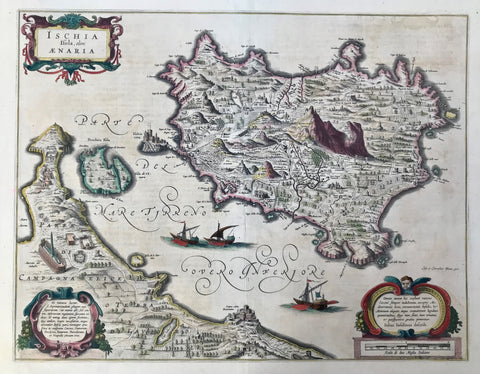 "Ischia Isola, olim Ænaria" - Italy    For a 30% discount enter MAPS30 at chekout   Copper etching by Iulius Iasolinus for Johann and Cornelius Blaeu , ca 1640. Original hand coloring.  This very decorative map of Ischia is northwest-oriented. Notice the interesting topographical details. Historical sailing vessels sail in the Canale di Procida. The promontory at the bottom of the map is Cuma. The town of Ischia is shown on a promontory on the left of the island. Verso: Text in German.