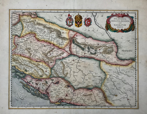 "Sclavonia, Croatia, Bosnia cum Dalmatiae parte"  Hand-colored copper etching by Gerard Mercator.  Published in the atlas by Henricus Hondius, Janssonius  Amsterdam, 1645  Map shows Mediterranian coast line from the island of Rab (Arbe) to the island of Brac (Brazza). In the north the run of the river Drau from Ptuj (Pettau) in Slowenia towhee it joins the Danube at Belgrade. So this map comprises parts of Slowenia, Croatia, Serbia and Bosnia.