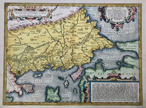 Abraham Ortelius engraved himself! A map of special beauty.  Map has three cartouches: title and two historically explanatory ones. All of them with decorative Renaissance cartouches. Very detailed focus on Dardanelles and Bosporus. Also on Athos and the islands of Lemnos, Imbros, Samos, Thasus, Tenedos. It also shows in detail the Romanian coast of the Black Sea. It gives detailed historical names of peoples who lived in this wayward area. Verso text: Latin.