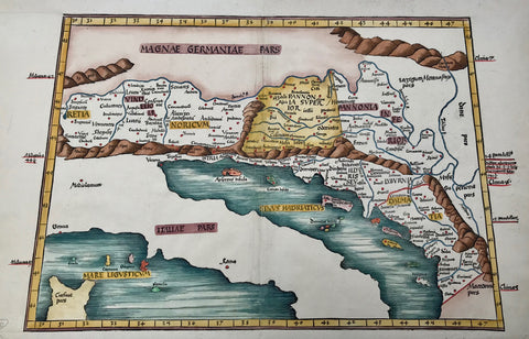 Wood cut by Martin Waldseemueller after Claudio Ptolemy. : From "Claudio Ptolemei...Geographiae opus novissima...MDXIII". Strasbourg, 1513. Very nice recent hand coloring.  This very early map in trapeze form shows the ancient regions named above. It reaches from Bregenz in Western Austria to the Macedonian border. Showing Svebia, Bavaria, Austria, Slowakia, Slowenia, Croatia, Bosnia, Herzegowina, Hungary and parts of Romania south to the Macedonian and Albanian border.