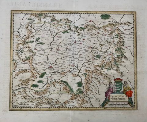 "Transylvania, Siebenburgen". Copper etching by Gerhard Mercator and edited by Johann Janssonius. Amsterdam, ca 1640. Original hand coloring.  This map shows the region of Siebenburgen in Rumania. The area is bordered by the Carpatian Mountains, the Bihar Mountains. Verso: Text in French.