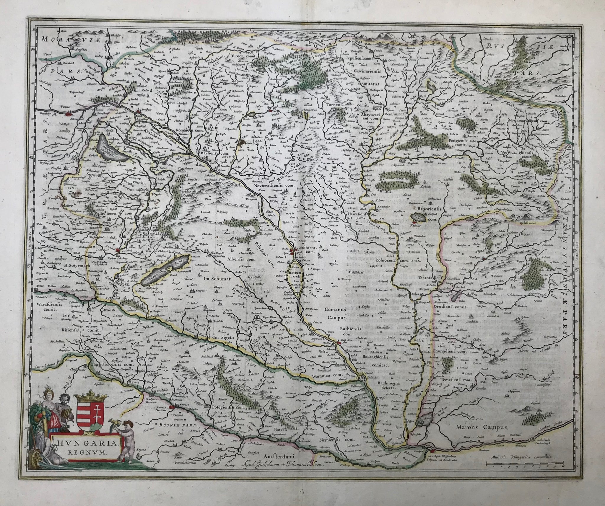 "Hungaria Regnum". Copper etching published by Wilhelm and Johannes Blaeu. Amsterdam, ca. 1650.  Map shows the area from From Vienna to Temswar, from the Carpathian mountains to Belgrade. On the reverse side is text in German.