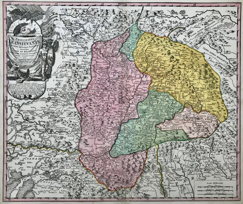 "Principatus Transilvaniae in suas quaque nationesearumque sedes et Regiones..."Copper engraving by Johann Baptist Homann. Original hand coloring. Nuremberg, 1723.  Map centers on Transilvania, also showing parts of Vallachia, Comitatus Temesiensis, parts of Moldavia and Hungary.  Very nice map. Clean and attractive. Small repaired tear in lower margin.