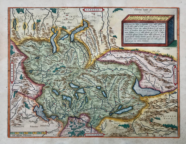 Abraham Ortelius published in 1779. Fine hand coloring.  This map is south-oriented (south is at the top and north at the bottom). On the right is Lake Geneva and the Jura. . In the lower left is Lake Constance, the upper Inn valley and part of southwestern Germany. At the top are Lake Maggiore, Lake Lugano and Lake Como. In the upper left are more of the northern Italian Lakes. The many mountainous areas are shown.