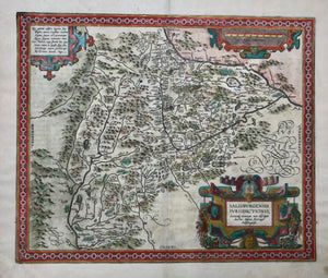 "Salisburgensis iurisdictionis locorumque vicinorum vera descriptio, auctore Marco Secznagel Salisburgense" Copper engraving by Marco Secznagel for the "Theatrum orbis terrarum" by Abraham Ortelius, ca 1600. Original hand coloring.  The map is west oriented so that "north" is on the right side.In the upper right is part of the course of the Inn River and a bit lower the Salzach River. In the lower left is part of the Drau river. In the center of the map is Zell See. 