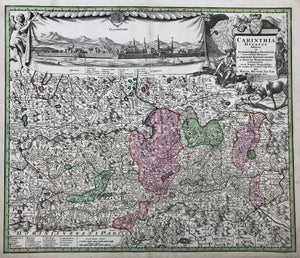 "Carinthia Ducatus distincta in Superiorem et Inferior..."  Decorative copper engraving map by Martin Seutter of Carinthia (Kaernten). In the upper left is a fine view of the city of Klagenfurt. This map shows the towns and cities in great detail as well as the topography of this beautiful region of Austria.  Published in Augsburg ca 1750