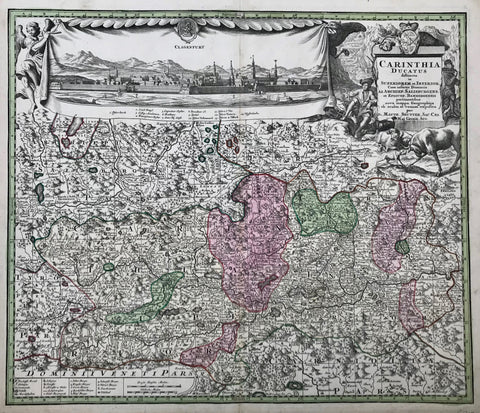 "Carinthia Ducatus distincta in Superiorem et Inferior..."  Decorative copper engraving map by Martin Seutter of Carinthia (Kaernten). In the upper left is a fine view of the city of Klagenfurt. This map shows the towns and cities in great detail as well as the topography of this beautiful region of Austria.  Published in Augsburg ca 1750