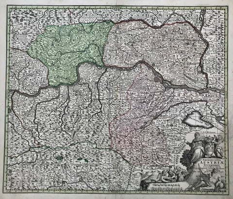 "Archiducatus Austriae Inferioris accuratissima tabula...." Copper engraving by M. Seutter, ca 1740. Hand coloring.  Very detailed map with the course of the Danube in the upper middle area. On the left the Danube enters at Enns and Steyr and flows out on the right side at Presburg. In the upper left corner is Rudolfstadt in Bohemia. In the upper right is Landtshut and Goding on the Moravia River. In the lower left is Rottenman in Styria. In the lower right near the cherubs is Pinkenfeldt and Friburg. 