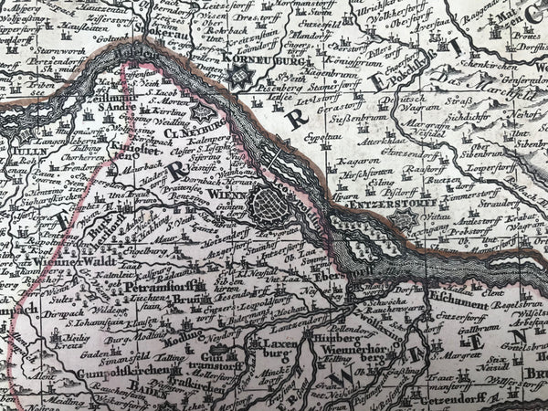 "Archiducatus Austriae Inferioris accuratissima tabula...." Copper engraving by M. Seutter, ca 1740. Hand coloring.  Very detailed map with the course of the Danube in the upper middle area. On the left the Danube enters at Enns and Steyr and flows out on the right side at Presburg. In the upper left corner is Rudolfstadt in Bohemia. In the upper right is Landtshut and Goding on the Moravia River. In the lower left is Rottenman in Styria. In the lower right near the cherubs is Pinkenfeldt and Friburg. 