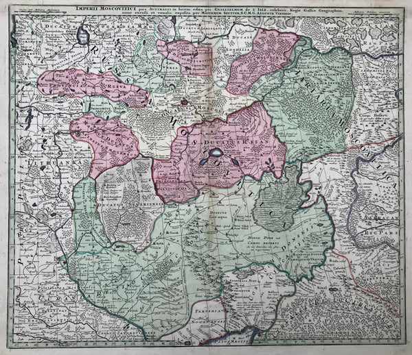 "Imperii Moscovitici pars Australis in lucem". Copper etching by M. Seutter after Guillaume de l'Isle, ca 1740. Original hand coloring.  Map shows southern Russia with part of Ukrania.  49.8 x 57.9 cm (19.6 x 22.8 ")