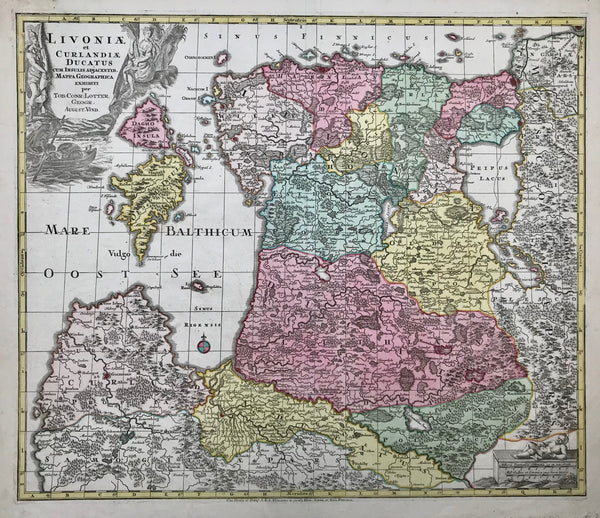 "Livoniae et Curlandiae Ducatus cum Insulis adjacentib.". (Nowadays: Estonia, Lithuania, Latvia)  Originally hand-colored copper etching. Published by Conrad Lotter. Augsburg. Ca. 1770.  Very attractive map of the three northernmost countries of the European Union. Lotter had a very small edition only!