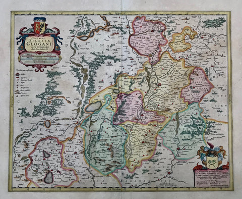 "Ducatus Silesiae Glogani vera Delinatio". Copper etching by Iona Sculteto for Heinricus Hondius (1587-1638). Published ca 1625. Attractive hand coloring.  East-oriented map showing Glogau almost in the center of the map. At the top of the map are the towns of Guraw and Paulawitz. In the upper right corner is Dieben and Steinaw. In the lower right corner is the Bober River.