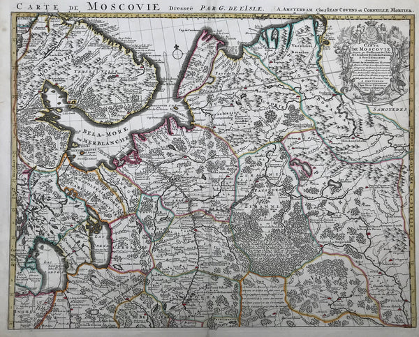 "Carte de Moscovie Dressee par G. de L'Isle a Amsterdam chez Jean Covens et Corneille Mortier".  (Map of the European part of northern Russia). This is the upper map of two corresponding maps.  Copper etching by d L'isle and Mortier. Amsterdam, 1742.  Shows Lake Ladoga, Lake Onega and, quite detailed, the White Sea