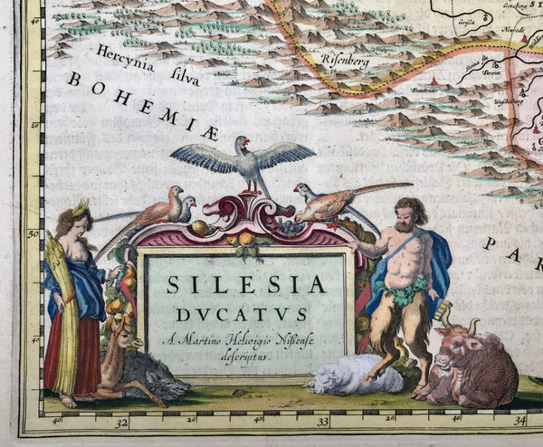 "Silesia Dvcatus". Copper etching by Martino Hedwigio Nissense (Neisse) for Willem Janzoon Blaeu, ca 1645. Fine modern hand coloring.  Breslau is located almost in the center of this Silesian map. In the upper left is Frankfurt on the Oder River. In the lower right is part of the Vistula River with Cracow on the edge. To the left of the decorative coat-of-arms in the upper right is the Wartha river. On the backside is text (in German) about the history of Silesia.