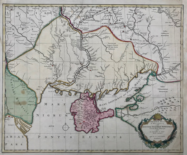"Theatrum Belli A: MDCCXXXVII a milite Augustae Russorum Imperatricis adversus Turcas Tattarosque gesti" Copper etching. Published by R. & I Ottens (Reinier and Josua Ottens) Amsterdam, ca. 1740. Very pleasant original hand coloring.  Map shows the southern Ukraine at the time of the Russo-Austrian war against the Turks i.e. the Osman Empire 1736-39, a time in history when the shown area was South Russia.