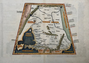 "Sarmatia Asiatica" (Tabula II Asiae)  Crimea peninsula (Krim), Sea of Azov (Asowsches Meer), South Russia (Dagestan),  On left side the Black Sea. Lower right corner of map has Northwest corner of Caspean Sea.  The geographical description is easiest to say: the land between the rivers Don and Volga (Wolga) in the area of the Caucasus  Very early map!  Type of print: Woodcut  Color: Hand colouring  Authors: Claudius Ptolemy by Martin Waldseemueller and Laurent Fries.